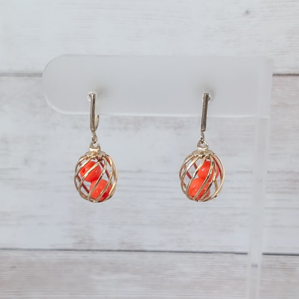 Vintage Screw Back Earrings Gold Tone with Orange - Dangle Earrings